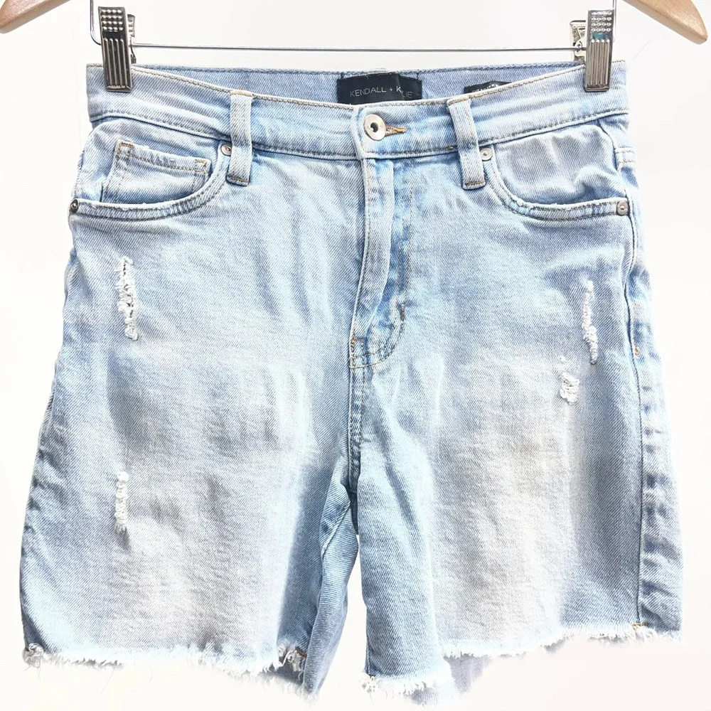 Kendall & Kylie Light Blue Distressed Boyfriend Bermuda Jean Shorts